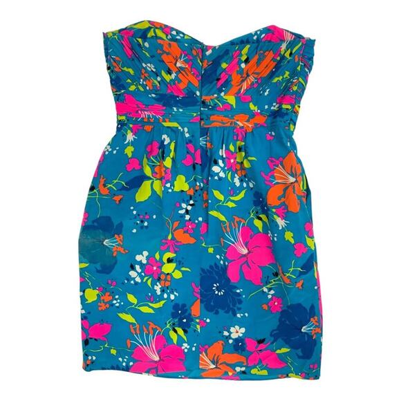 Shoshanna 100% Silk Tropical Blue Strapless Floral Mini Dress Size 4 - Picture 5 of 5